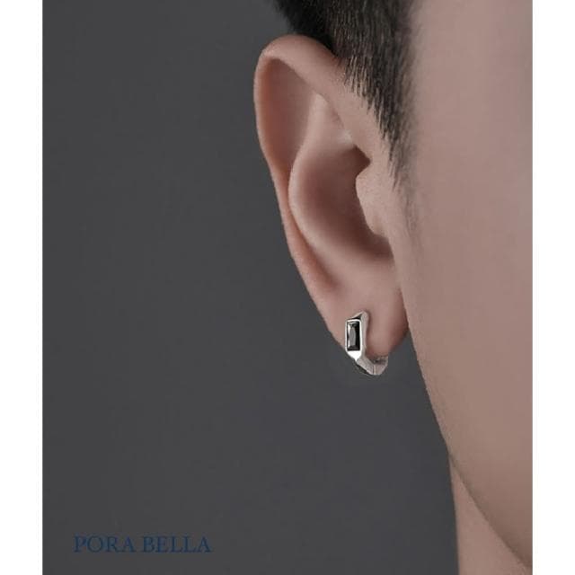 【Porabella】925純銀黑寶石男款中性耳環 高級感個性男款小眾設計 男耳釘 白寶石耳環 圈圈耳環 送男友