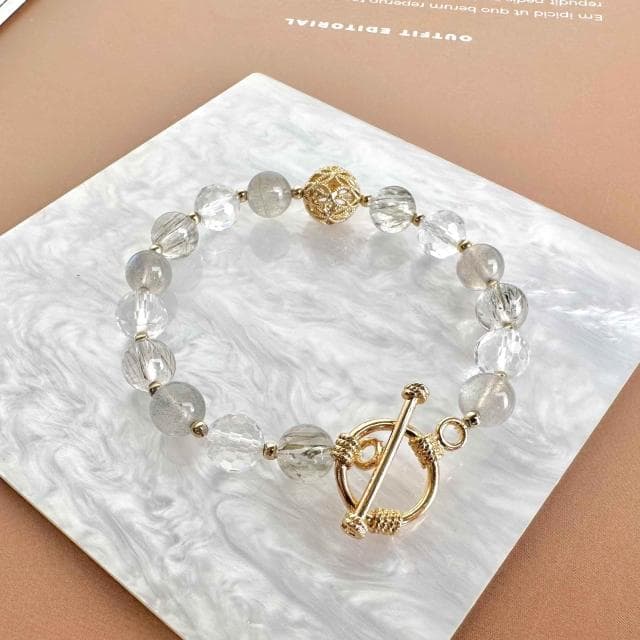 【Dawn Fashion 彤恩時尚】微妙的平衡//招財水晶手鍊//綠碧璽髮晶 拉長石 白水晶/生日禮物/父親節禮物