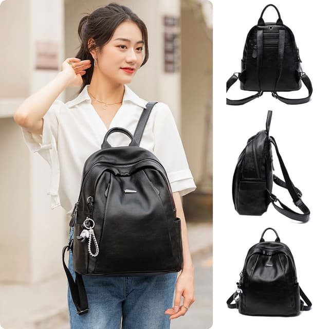 【LEESA】牛皮包包\真皮後背包\軟皮背包\大容量後背包\黑色包包\百搭包包\休閒包包\可愛後背包\女生禮物