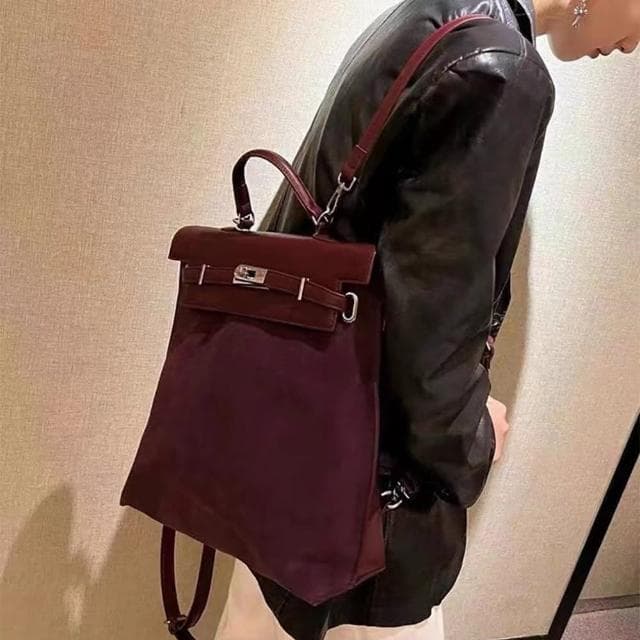 【LEESA】真皮鎖頭包\麂皮包\精品後背包\牛皮包包\小眾包包\手提包\牛皮包包\復古包包\大容量托特包\禮物