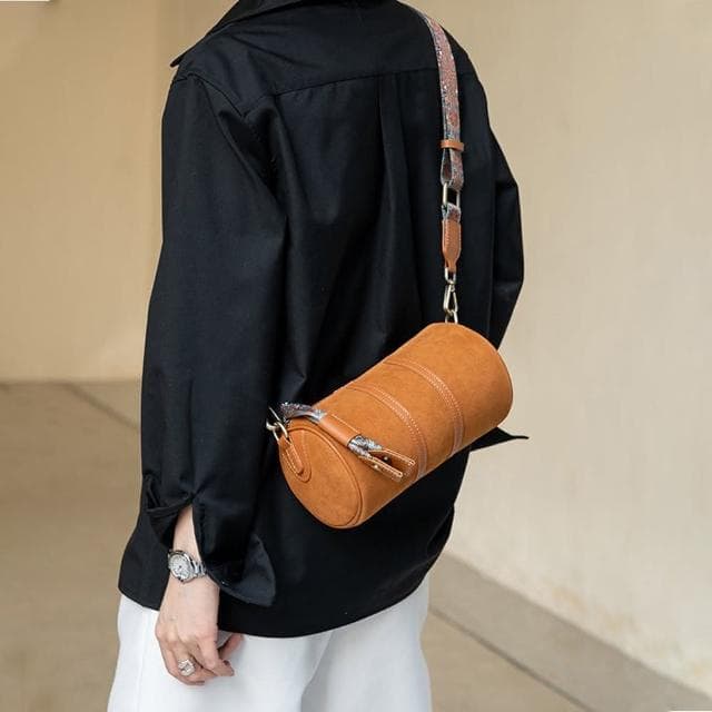 【LEESA】真皮女包包\小包包\高級感包包\復古圓筒包\波士頓包\材質拼接包\磨砂牛皮包包\女生斜背包\女朋友生日禮物