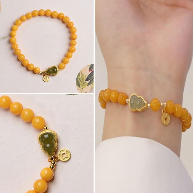 【LEESA】葫蘆蜜蠟手串\和田玉手串\天然蜜蠟手串\玉葫蘆\招財手鍊\水晶手鍊\蜜蠟手串\禮物\手串\手珠\佛珠