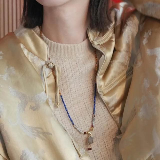 【LEESA】串珠項鍊\吊墜\吊飾\拼色\拉長石\項鍊\女生項鍊\女生禮物\生日禮物\古風\飾品\青金石\復古飾品\項鍊情侶\