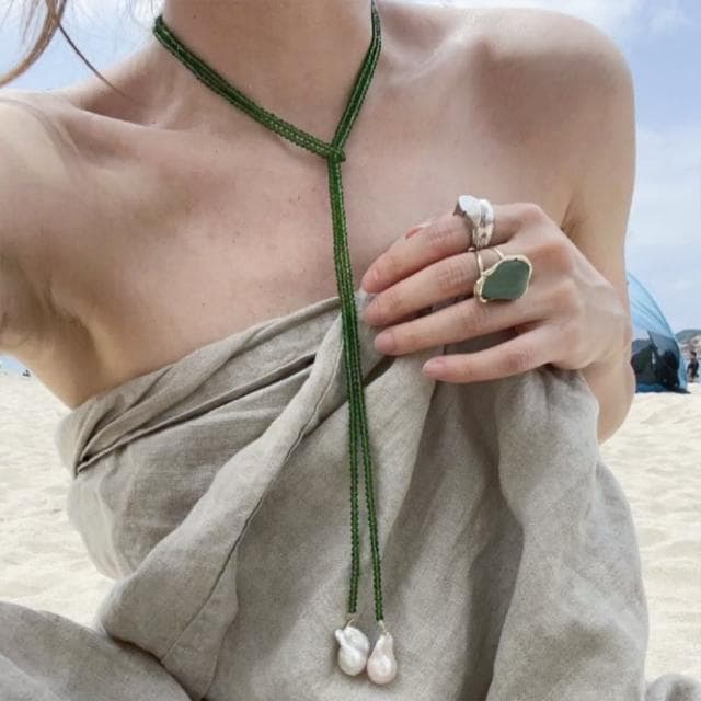 【MoonDy】項鍊 珍珠項鍊 綠尖晶石項鍊 寶石項鍊 毛衣鍊 氣質項鍊 配飾 長項鍊 頸鍊 鎖骨鍊 串珠項鍊 送女生 生日禮物