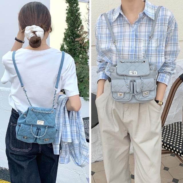 【MoonDy】鍊條包 時髦包包 可愛包包 後背包 生日禮物 包包 小香風後背包 菱格紋包包 小背包 小包包 韓國包包 百搭包包