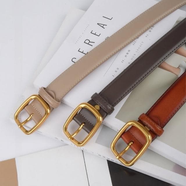 【MoonDy】皮帶 腰帶 褲帶 牛皮帶 復古皮帶 女生真皮皮帶 金扣腰帶 寬腰帶 方頭腰帶 高級感 老錢風配件 牛仔褲帶 禮物