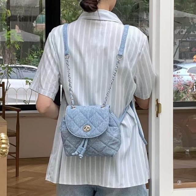 【MoonDy】包包 後背包 小背包 韓國包包 菱格紋包包 鍊帶包 鍊條包 小香風背包 女包 可愛包包 小孩包包 銀色包包 禮物