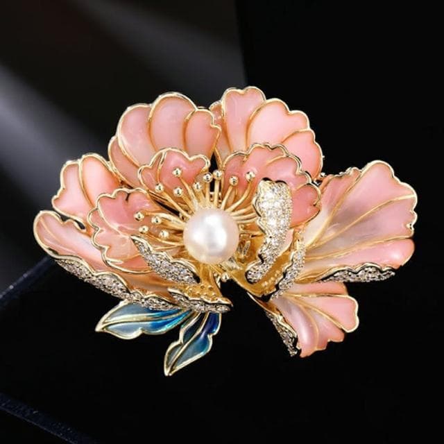 【MoonDy】花開富貴 牡丹花 胸針 別針 旗袍配件 新年胸針 珍珠 配飾 金屬別針 造型胸針 鋯石 優雅 送長輩 紀念日禮物 生日禮物