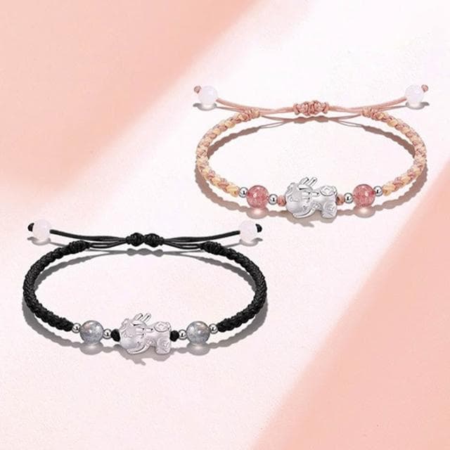 【KT DADA】999 純銀 貔貅 情侶手鍊 閨蜜手鍊 招財納福 情人節禮物手工編織 手鍊手環 水晶手鍊 草莓晶 月光石 串珠
