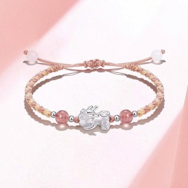 【KT DADA】999 純銀 貔貅 情侶手鍊 閨蜜手鍊 招財納福 情人節禮物手工編織 手鍊手環 水晶手鍊 草莓晶 月光石 串珠