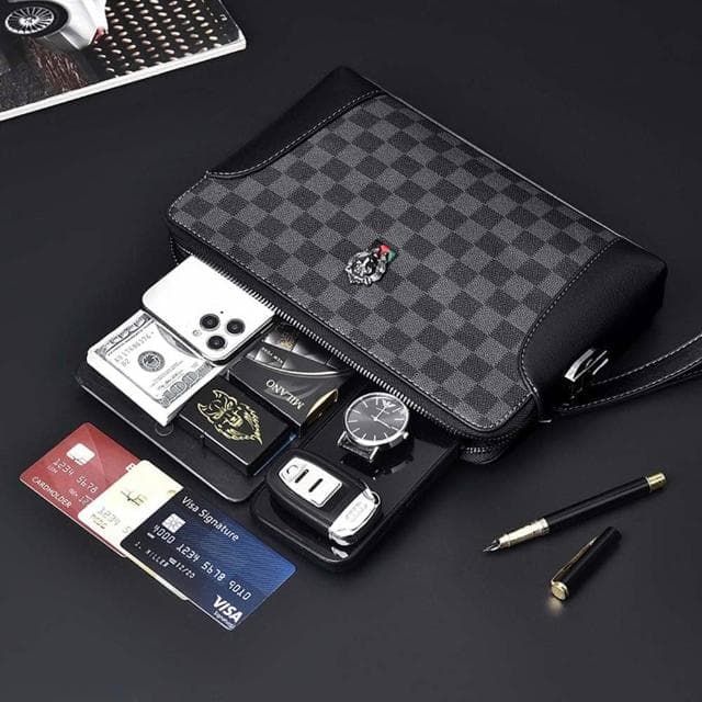 【KT DADA】密碼鎖包包 防盜鎖包包 男生手拿包 商務手拿包 真皮手包 格纹包包 棋盤格手拿包 潮流型男包 送男朋友 生日禮物