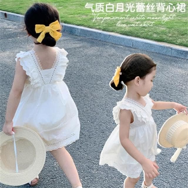 【Arbea】韓版洋氣女童花邊連衣裙夏季新款薄款背心裙女白色公主裙女童兒童 C229