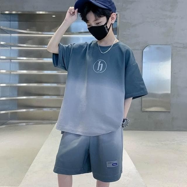 【Arbea】兒童夏季短袖套裝男童夏裝新款中大童男孩衣服漸變色短袖短褲 C1093