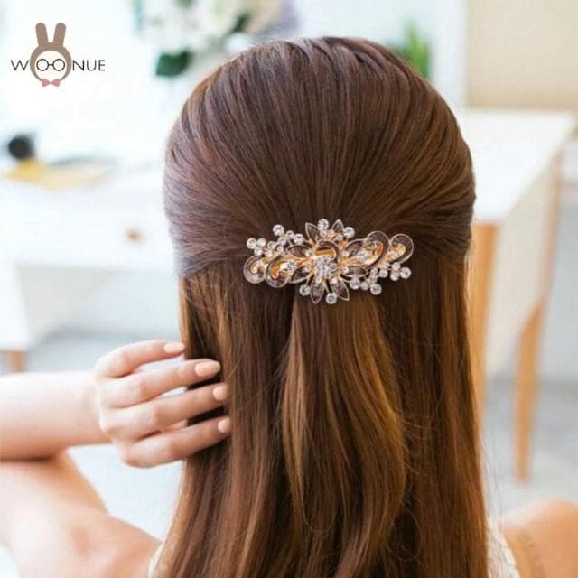 【WOONUE】法式皇家奢華金鑲鑽花卉髮飾夾(新娘髮妝老婆女友情人婚禮小物表演宴會母親節生日禮物)