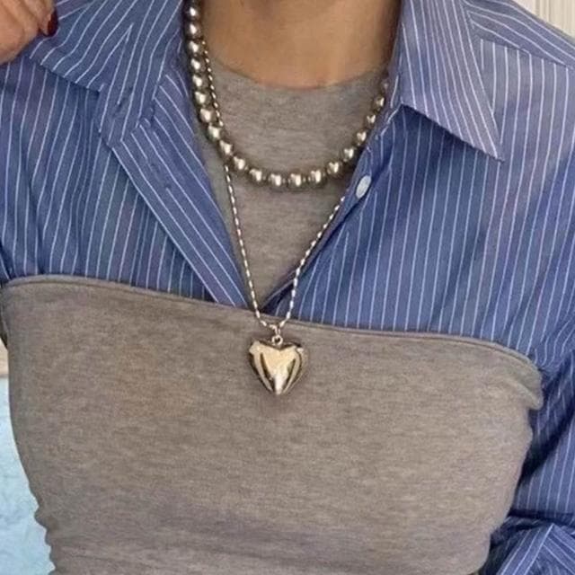 【LEEHER】愛心項鍊/項鍊女/灰色/精品珍珠項鍊/毛衣鏈/情人節禮物/愛心/吊墜/項鍊/米粒珠/鎖骨鍊/串珠項鍊/鈦鋼項鍊/