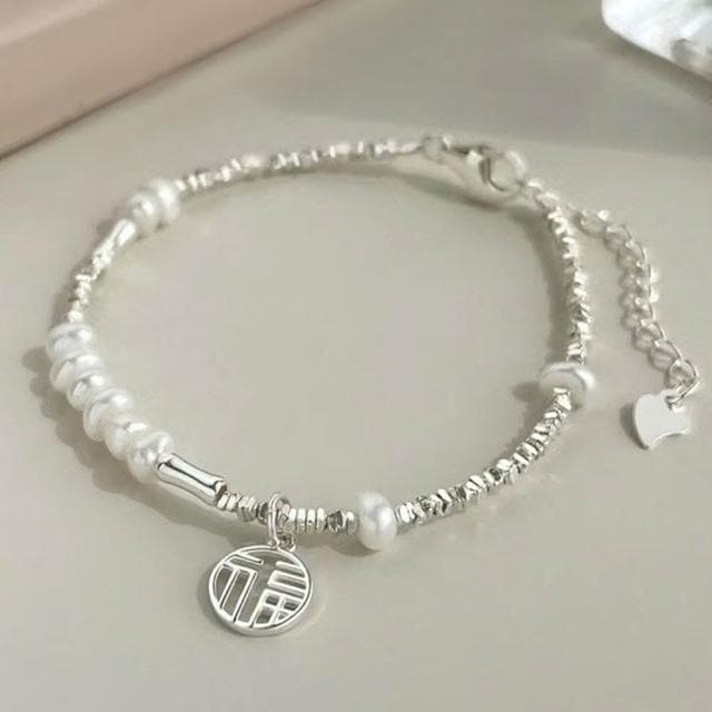 【LEEHER】925純銀/韓國飾品/手鍊/手鍊女/通體純銀/飾品/碎銀子/珍珠手鍊/招財納福/簡約/女生手鍊/高級感/生日禮物