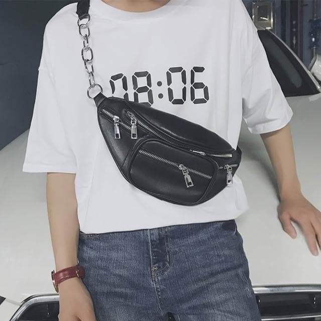 【LEEHER】鍊條包/胸包/腰包/包包/斜背包/生日禮物/側背小包/黑色包包/情侶包包/簡約包包/日系包包