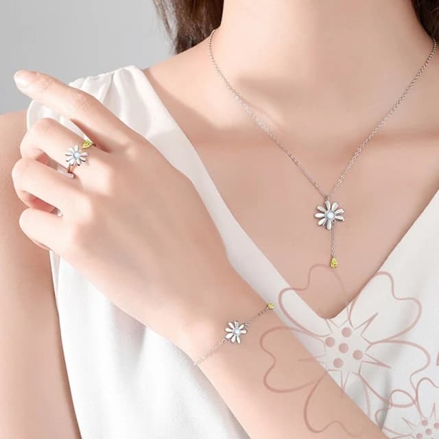 【巴黎精品】現貨+預購 925純銀項鍊琉璃三件套小雛菊太陽花戒指生日情人節禮物女飾品v1ar20