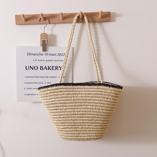 【巴黎精品】情人節禮物 現貨+預購 草編包手提包渡假風單肩側背包大容量流蘇編織包-簡約黑邊復古水桶包女包包2色a1hb63