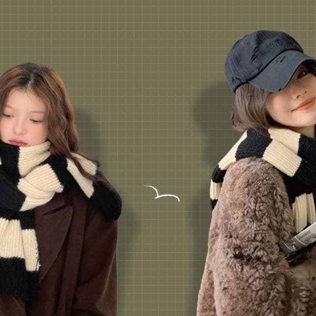 【ZOII 佐壹】日系黑白條紋羊毛圍巾 保暖必備 圍巾 保暖 針織圍巾 賞雪圍巾 保暖圍巾 素面圍巾 #322065