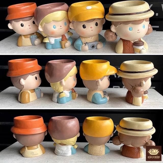 【PiNYU 品柚生活傢飾館】4件組-童年出遊多肉小盆栽(樹脂多肉植物盆栽可愛童年出遊花盆家用辦公室盆景盆)