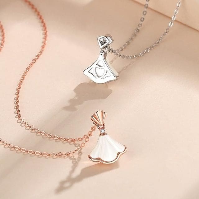 【米蘭精品】現貨+預購 925純銀項鍊貝母吊墜小裙子扇形鑲鑽鎖骨鍊生日情人節禮物女飾品2色74cj6