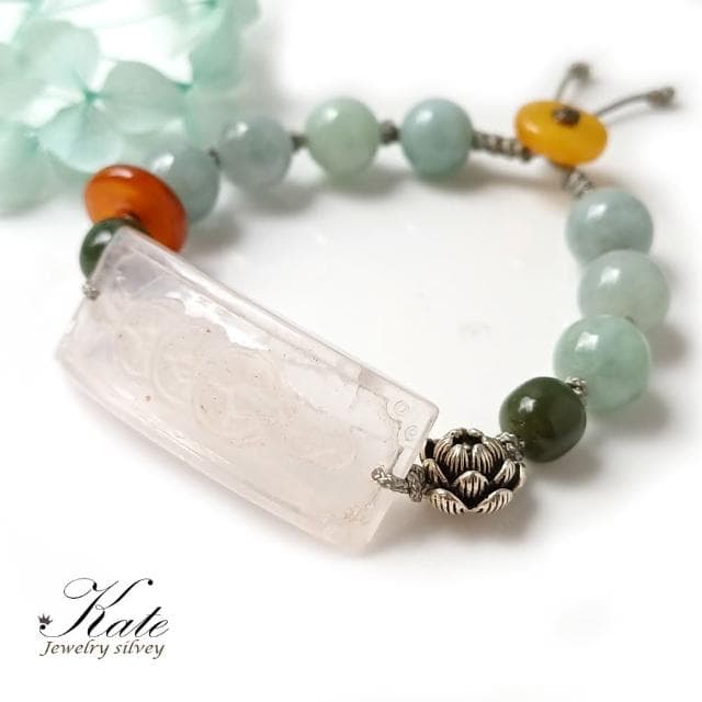 【KATE】銀飾 花開富貴天然A貨緬甸玉蜜蠟純銀手釧(天然蜜蠟 和闐玉 招財水晶 生日禮物 情人禮物)