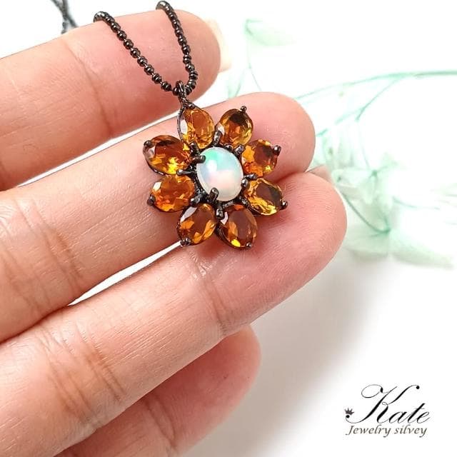 【KATE】銀飾 優雅古典天然黃水晶蛋白石純銀項鍊(招財水晶 開運水晶 opal 澳泊 生日石 生日禮物 情人禮物)