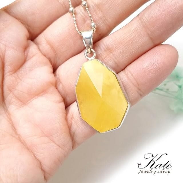 【KATE】銀飾 發財金磚手工天然金珀蜜蠟純銀項鍊A 頂級波羅的海琥珀 金絞蜜 金珀 鑽石型切面 生日禮物 情人禮物