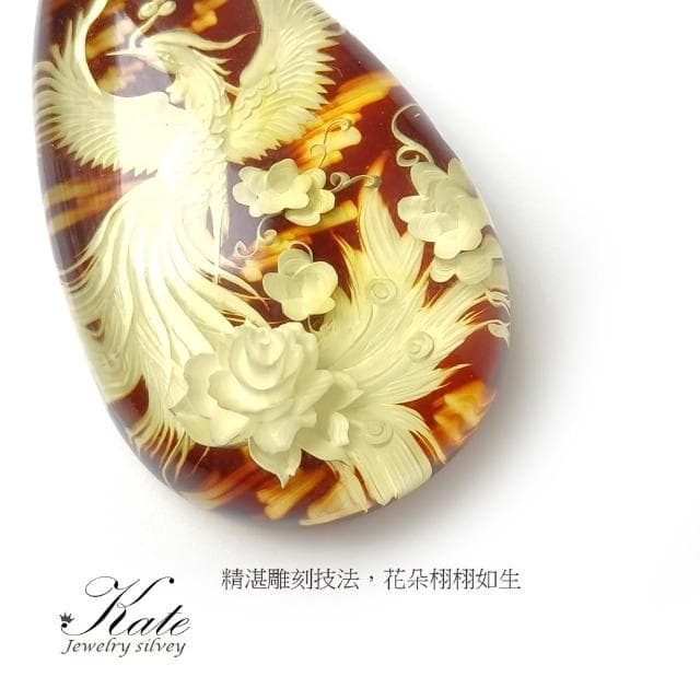 【KATE】銀飾 手工雕刻浴火鳳凰天然琥珀純銀項鍊 頂級波羅的海琥珀 百鳥之王 A貨緬甸玉 生日禮物 手工禮物