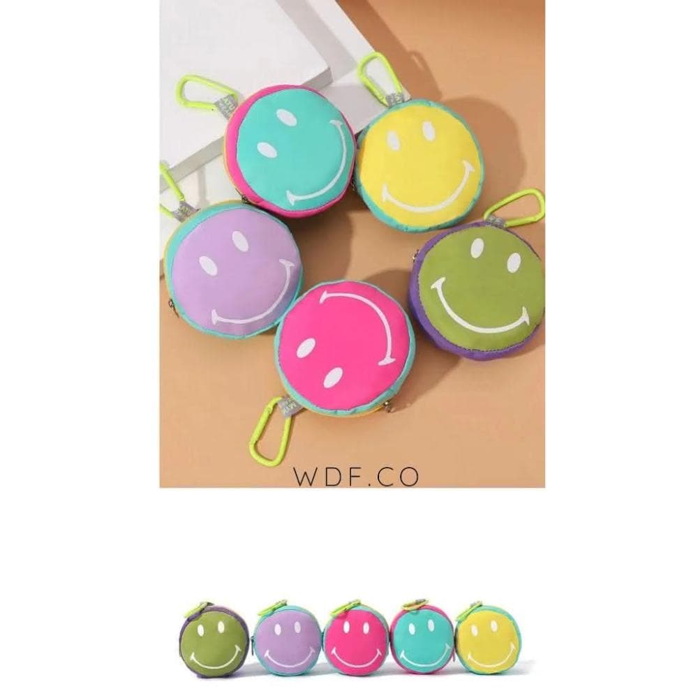 WDF.CO現貨｜2024最新韓國多巴胺笑臉零錢包│ 黃紅紫藍綠芋6色│黑白格紋吊飾│微笑包│收納｜小廢包｜耳機包｜輕量