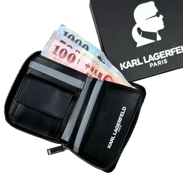 【KARL LAGERFELD 卡爾】卡爾 拉鍊皮夾 Karl 附盒 真皮皮夾 羊皮 零錢袋 短夾 錢包 生日禮物 送禮  #1012