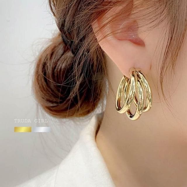 《杜達女孩》歐美大膽三圈幾何線條耳環 三環管圈圈耳針 圓圈耳環 C型耳環 多層次耳環 半圓耳環 圓型耳環 耳釘耳環 飾品
