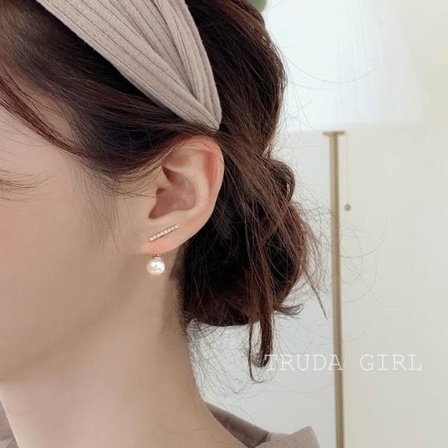 《杜達女孩》兩種戴法 超精緻氣質簡約仿鑽石一字仿珍珠耳環 小巧 耳環 耳釘 耳飾 排鑽耳環 仿珍珠耳環 仿鑽耳環 韓國