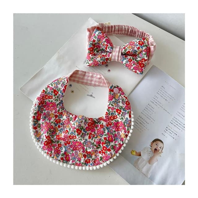 【Lianne baby】豐盛波波囍紅花發又旺 天然染色圍兜髮帶嬰兒禮物 滿月禮彌月禮盒