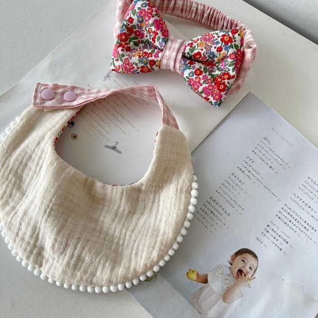 【Lianne baby】豐盛波波囍紅花發又旺 天然染色圍兜髮帶嬰兒禮物 滿月禮彌月禮盒