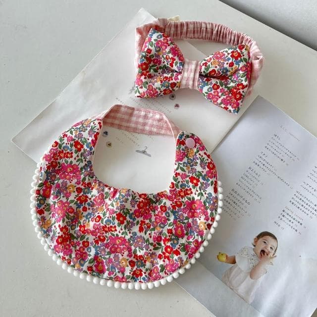 【Lianne baby】豐盛波波囍紅花發又旺 天然染色圍兜髮帶嬰兒禮物 滿月禮彌月禮盒