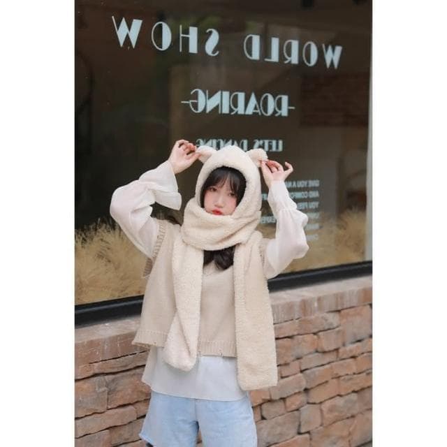 【JDUDS】小熊帽子圍巾 連帽小熊圍巾可愛百搭毛絨圍巾 加厚絨毛圍巾 秋冬保暖圍巾圍脖 泰迪熊純色圍巾 熊寶寶圍巾