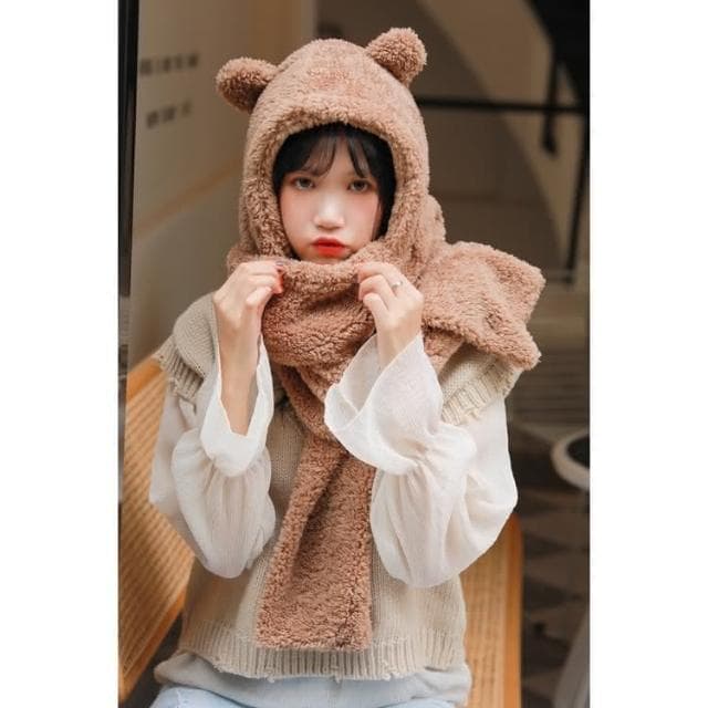 【JDUDS】小熊帽子圍巾 連帽小熊圍巾可愛百搭毛絨圍巾 加厚絨毛圍巾 秋冬保暖圍巾圍脖 泰迪熊純色圍巾 熊寶寶圍巾