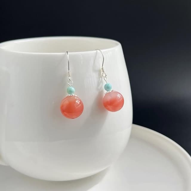 【Paiya 派亞】鹽源瑪瑙耳墜 925銀耳鈎綠松配飾通體銀潤紅色瑪瑙耳飾交換禮物/送禮