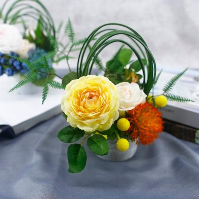 【HUGO DECO 榆果傢飾】黃茶花芒萁香氛花藝(擬真花/永不凋零/禮物/佈置/端午節/送禮/送花)