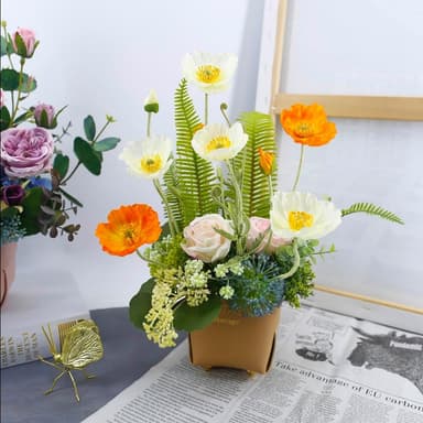 【HUGO DECO 榆果傢飾】橘白虞美人皮革盆香氛花藝(擬真花/香氛/花禮/端午節/送禮/送花)