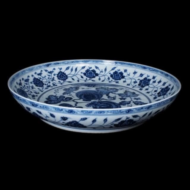 《博古珍藏》明 青花纏枝瓜果紋盤 早期收藏 老件瓷器 博物館級文物 附錦盒