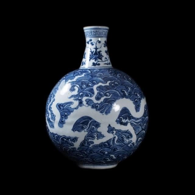 《博古珍藏》明永樂 青花海水白龍紋扁瓶 早期收藏 老件文物 花瓶瓷器 博物館級 附錦盒