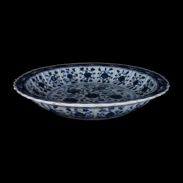 《博古珍藏》明 青花纏枝蓮紋花口盤 直徑42公分 早期收藏 老件文物瓷器 博物館級 附錦盒