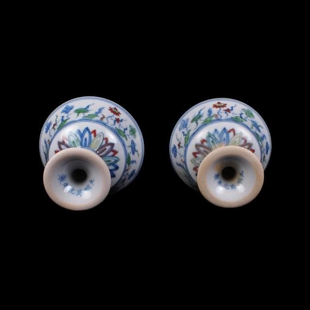 《博古珍藏》明成化 鬥彩斗彩海藻紋高足杯一對 紅胎 早期收藏 老件茶具瓷器 博物館級文物