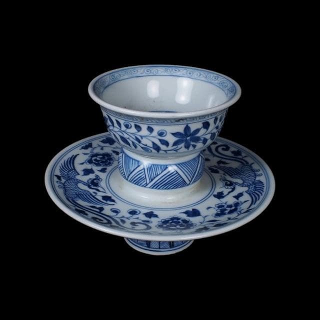 《博古珍藏》元至正 青花花卉紋盞托 早期收藏 老件文物 茶杯瓷器 國際拍賣級