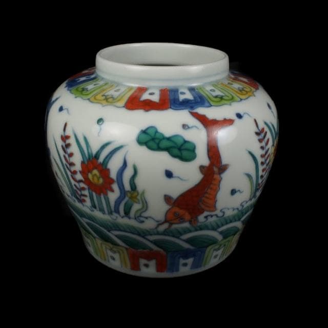 《博古珍藏》明成化 天字款 鬥彩斗彩魚藻紋蓋罐 早期收藏 老件瓷器 博物館級文物