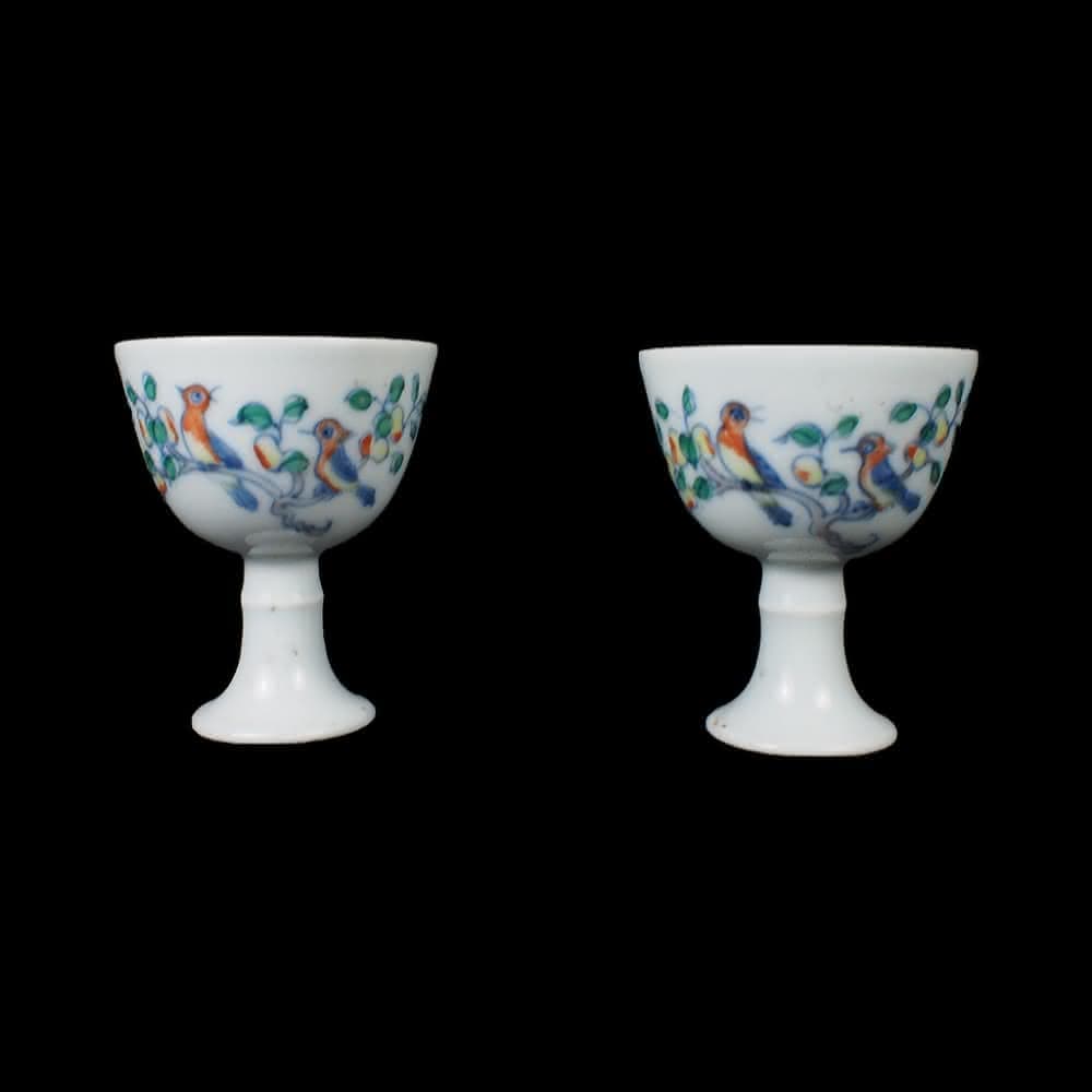 《博古珍藏》明成化 鬥彩斗彩花鳥紋高足杯一對 早期收藏 老件茶具瓷器 博物館級文物