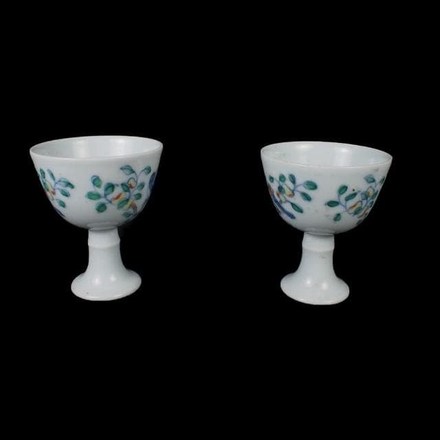 《博古珍藏》明成化 鬥彩斗彩花鳥紋高足杯一對 早期收藏 老件茶具瓷器 博物館級文物